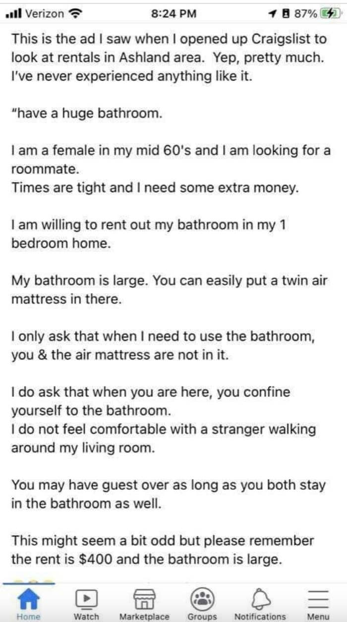 &quot;This might seem a bit odd but please remember the rent is $400 and the bathroom is large.&quot;