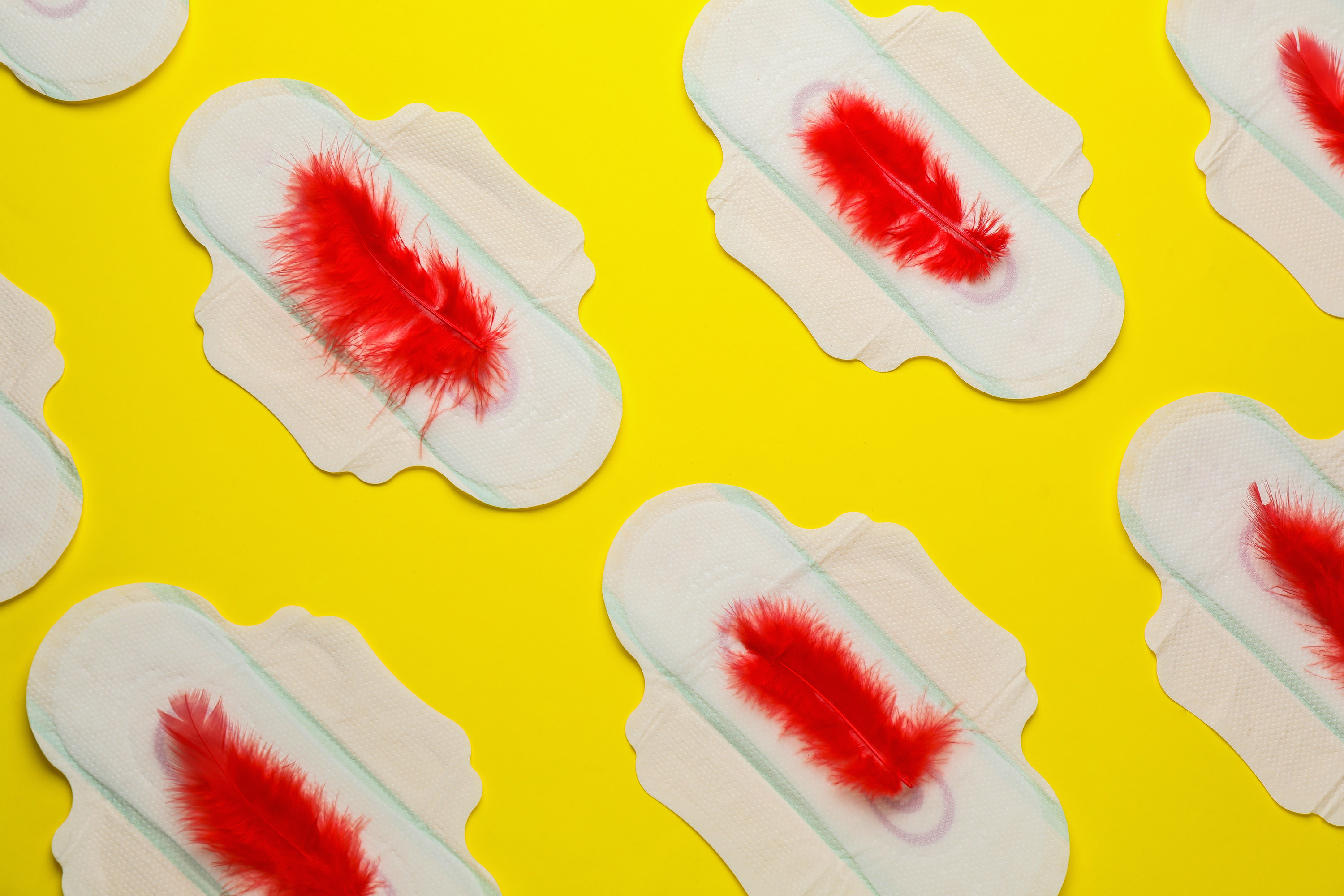 Menstrual pads with red feathers on yellow background