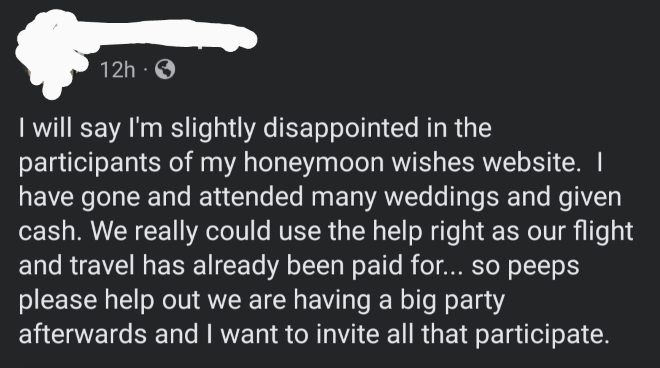 &quot;I will say I&#x27;m slightly disappointed in the participants of my honeymoon wishes website.&quot;