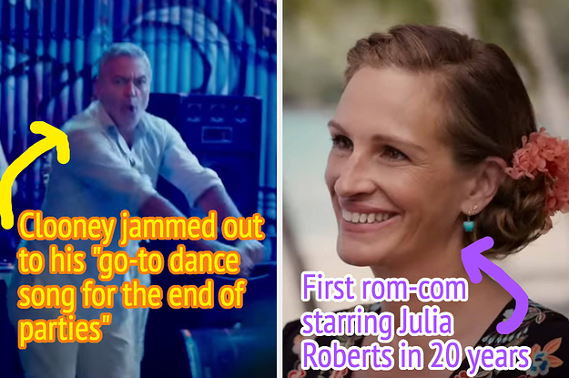 George Clooney as David dances during a beer pong battle, Julia Roberts as Georgia smiles on the beach in "Ticket to Paradise"