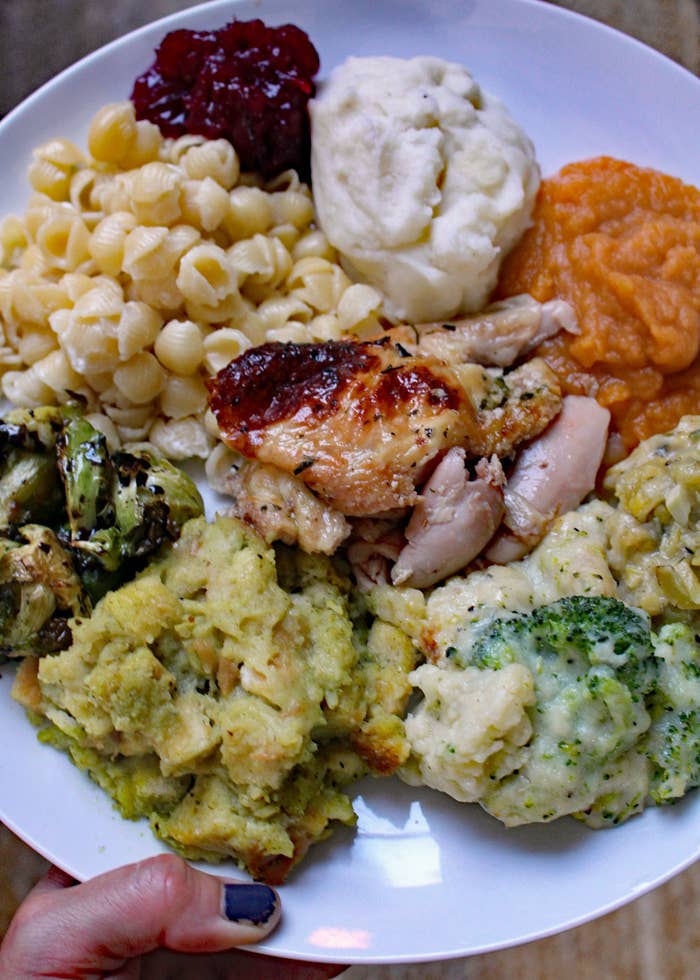 A plate of Thanksgiving food.