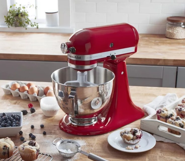 A red stand mixer