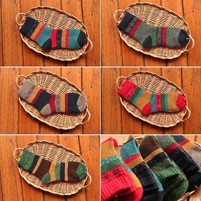 Crew socks in different muted multicolor fair isle stripe styles