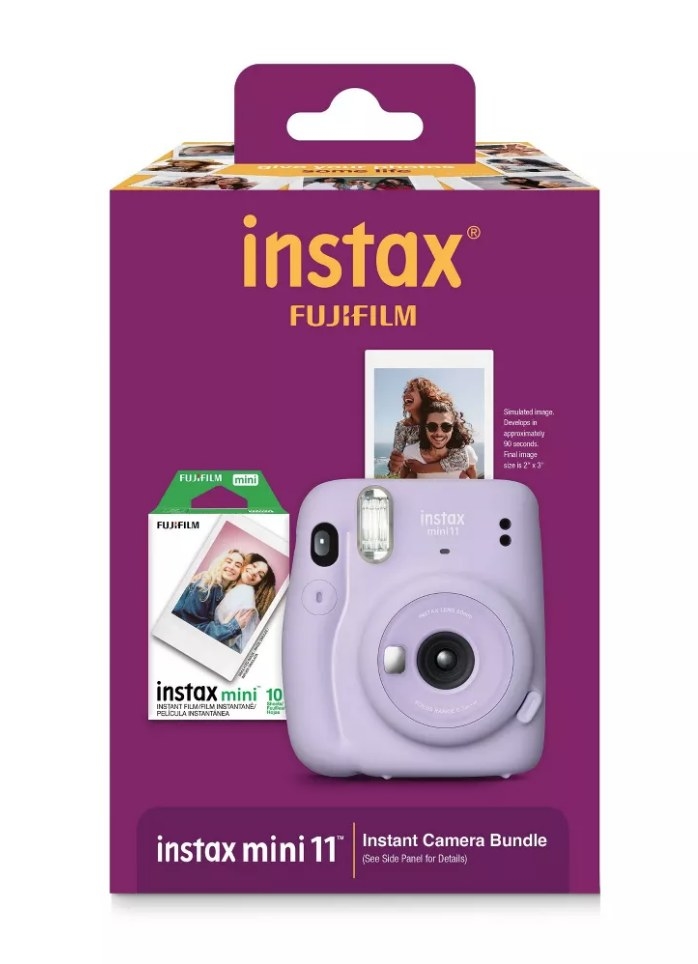 A purple instant camera