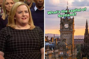 On the left, Aidy Bryant scrunching her face in confusion in an SNL sketch, and on the right, a city at sunset labeled what's the capital of Scotland