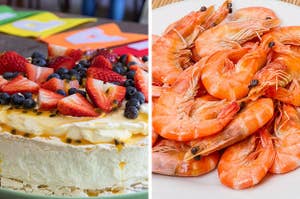 Left: Pavlova topped with fruit; Right: Cooked prawns on a plate