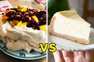 Left: Pavlova from Australia; Right: A hand holding a plate with a slice of cheesecake from the USA