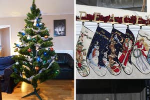 Left: An artificial Christmas tree that has been decorated; Right: Hung Christmas stockings 