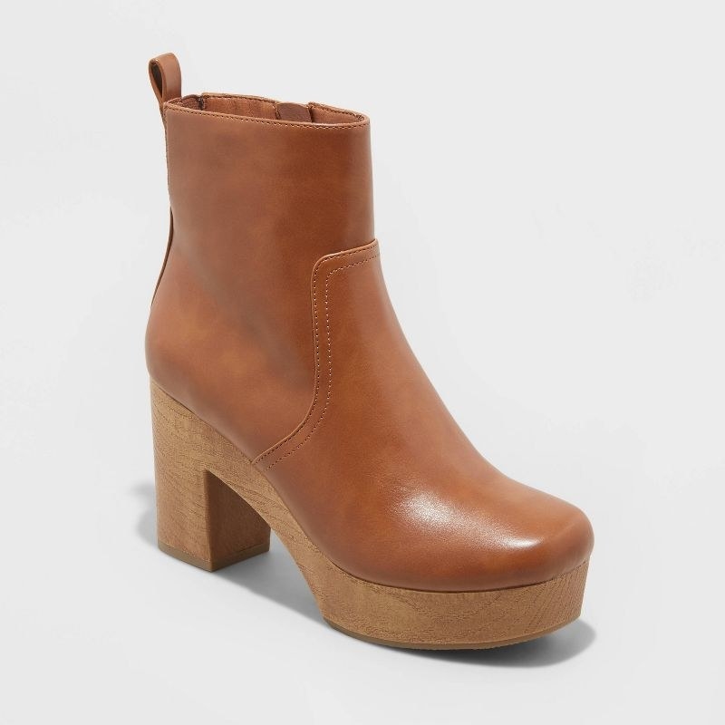 tan clog boot with wooden heel