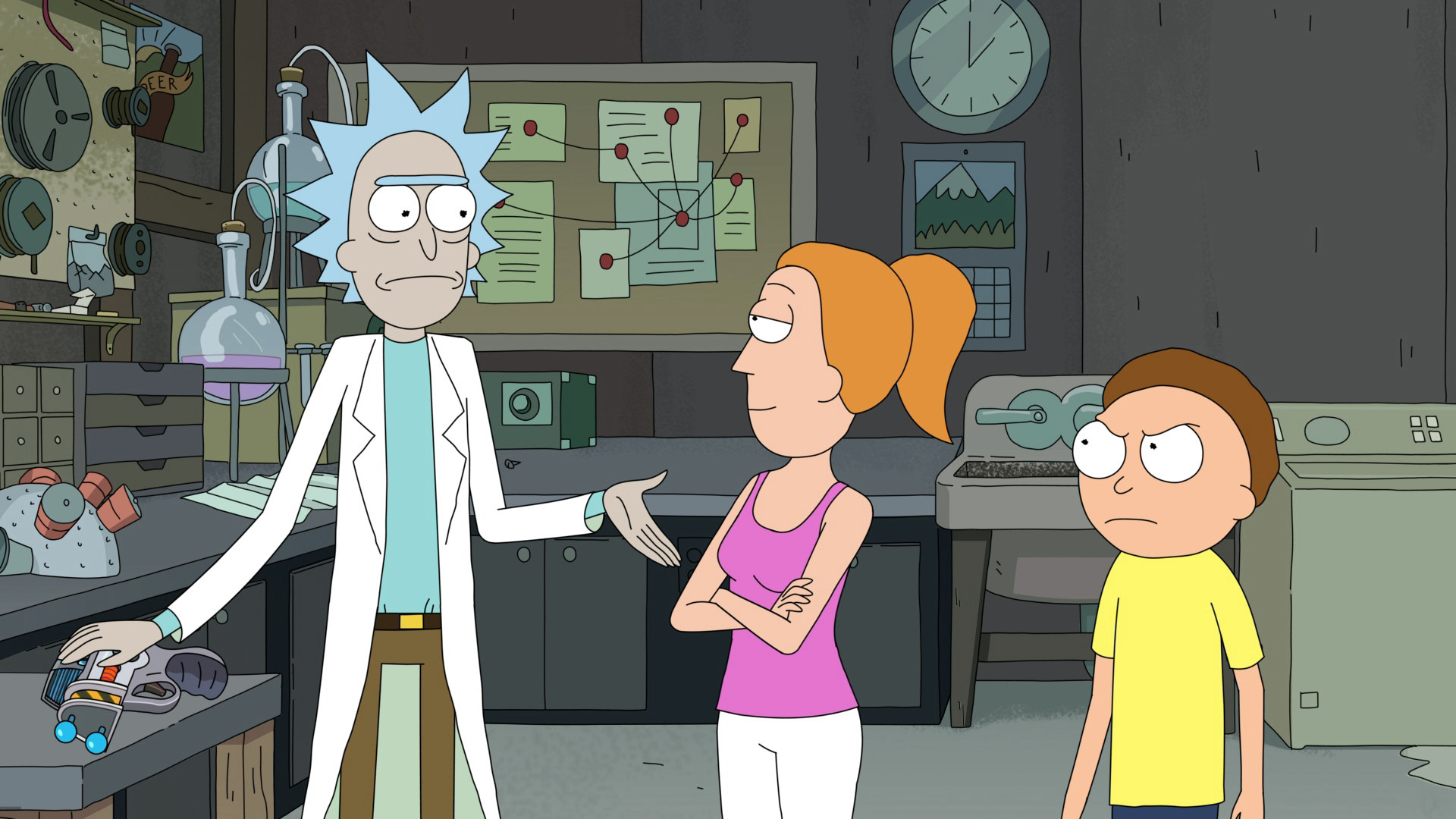 Animated characters Morty, Rick, and Summer standing together