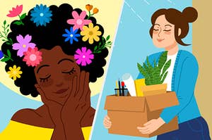 One woman with flowers growing out of her hair and one woman with her office desk items packed in a box