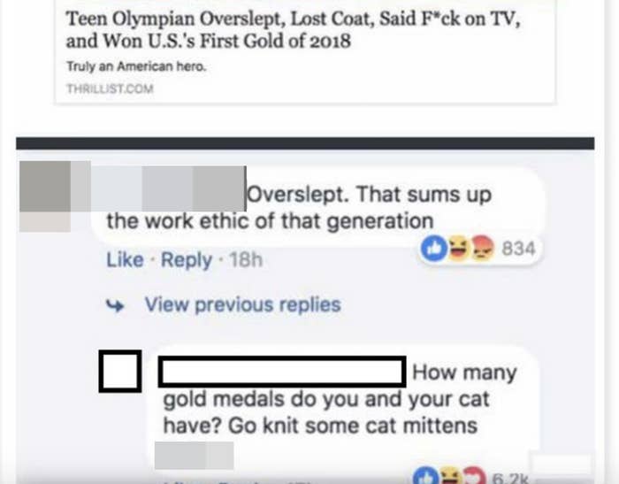 A teen Olympian overslept and said the f-word on TV but won a gold medal; a comment, &quot;Overslept — that sums up the work ethic of that generation&quot;; and someone responds, &quot;How many gold medals do you and your cat have? Go knit some cat mittens&quot;
