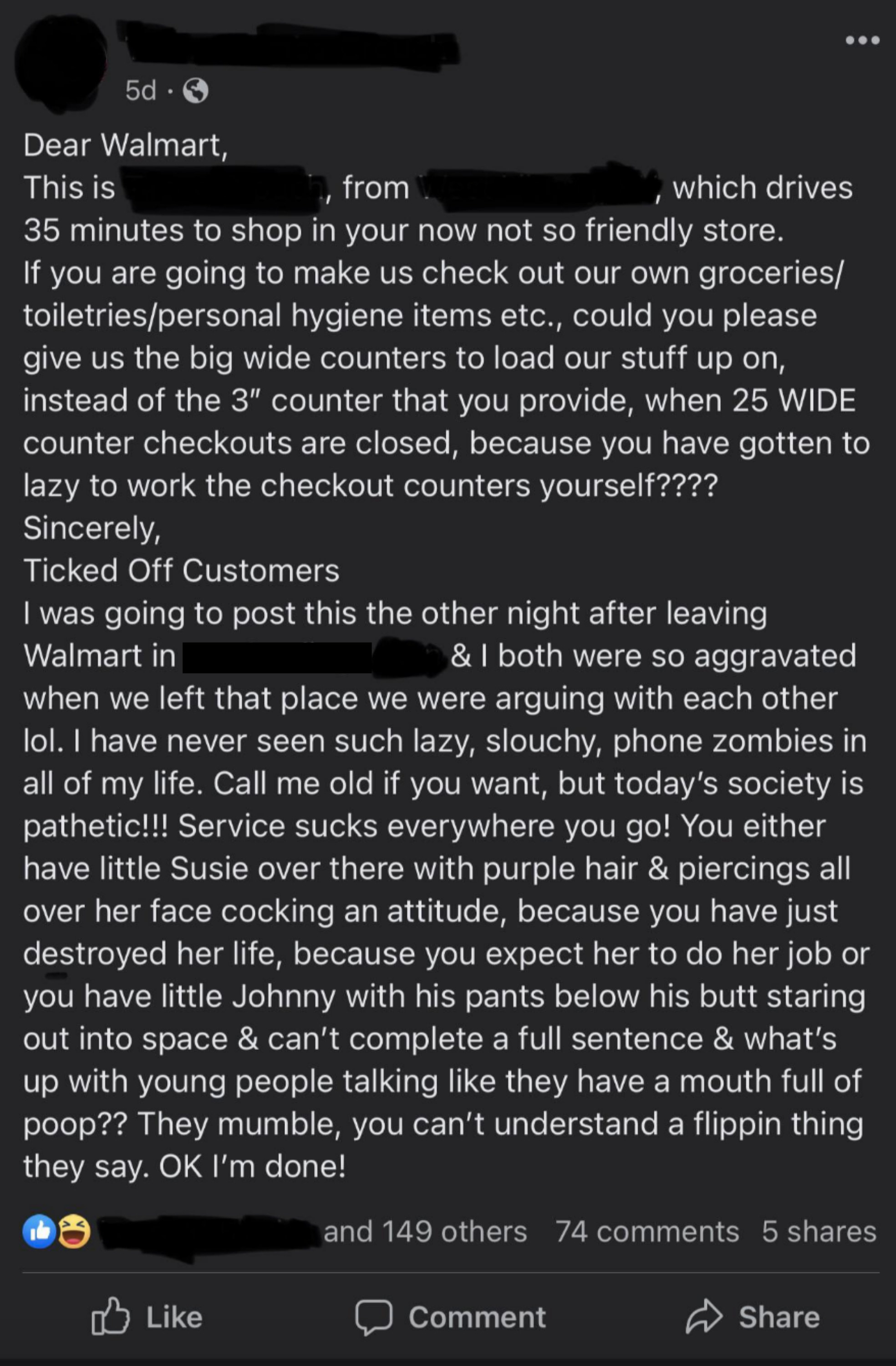 Very long rant at Walmart for narrow self-checkout counters and &quot;lazy, slouchy zombies,&quot; like &quot;little Susie with purple hair &amp;amp; piercings&quot; w/an attitude, and &quot;little Johnny with his pants below his butt and can&#x27;t complete a full sentence&quot;