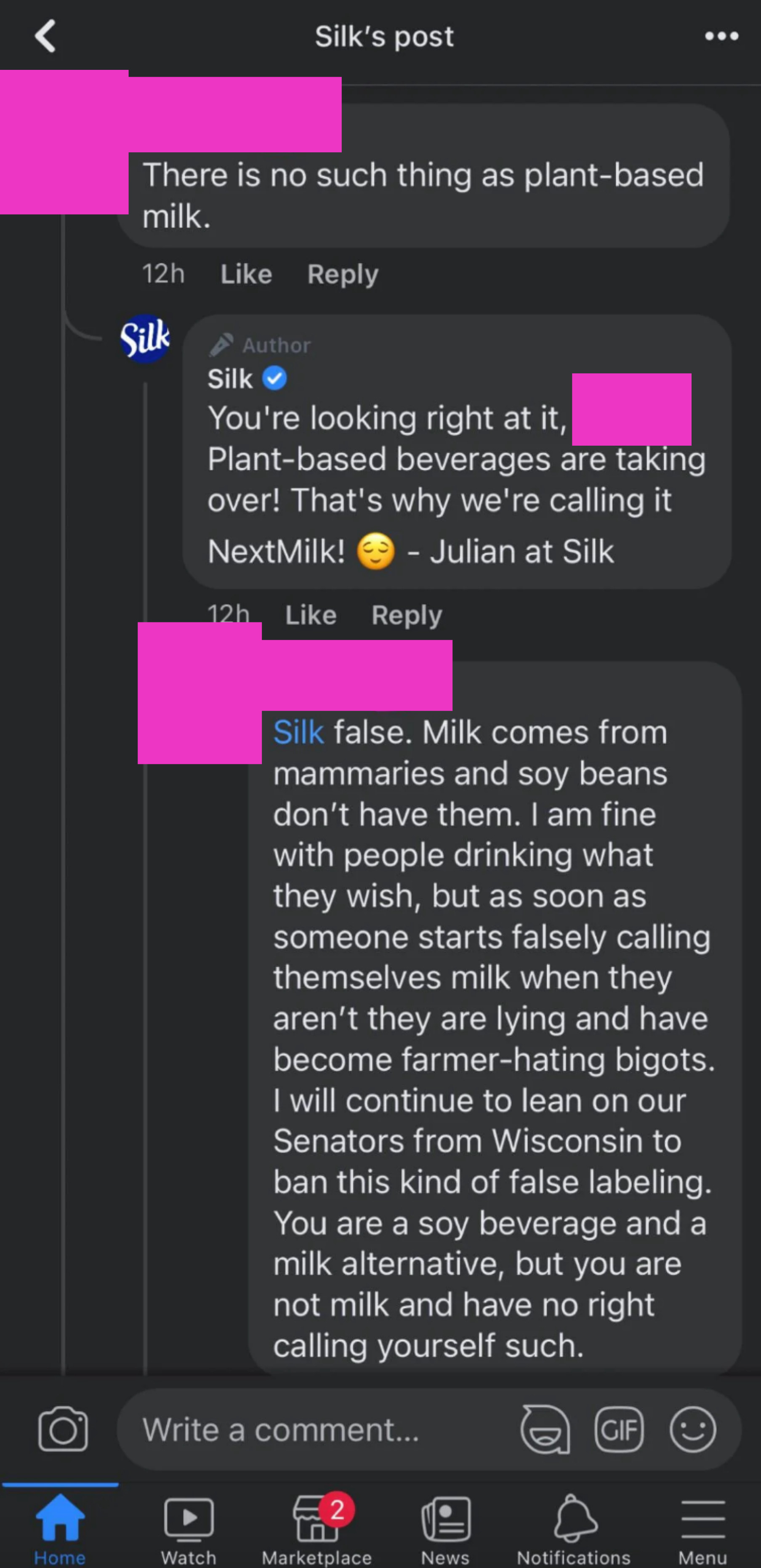 Person argues with Silk milk rep that &quot;milk comes from mammaries and soybeans don&#x27;t have them,&quot; and anyone who calls it milk when it isn&#x27;t is a &quot;farmer-hating bigot,&quot; and they&#x27;ll lean on their senators from Wisconsin to &quot;ban this kind of false labeling&quot;