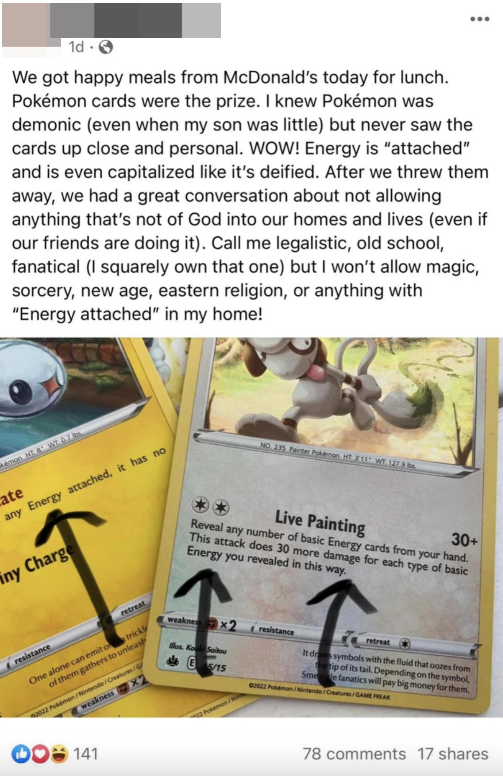 Person calls Pokémon cards from McDonald&#x27;s demonic because &quot;Energy&quot; is  attached and the word is capitalized, &quot;like it&#x27;s deified,&quot; so they talked to their son about not letting anything &quot;not of God into our homes and lives&quot;