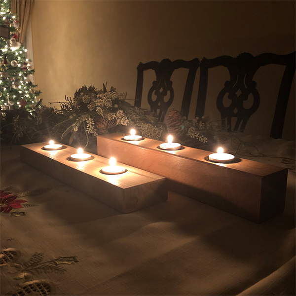wooden centrepiece with candles
