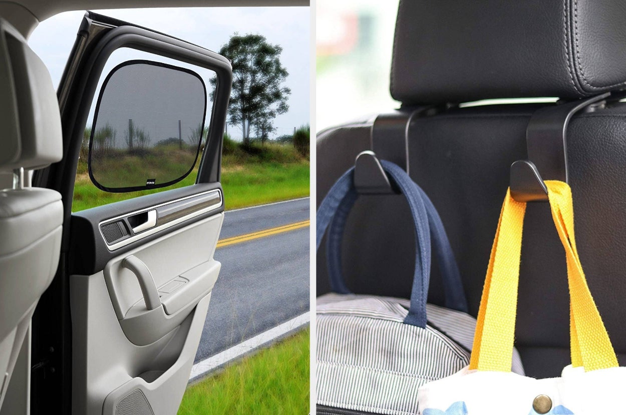 on the left a car window shade, on the right seat headrest purse hooks