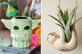 baby yoda mug on the left and sloth planter on the right