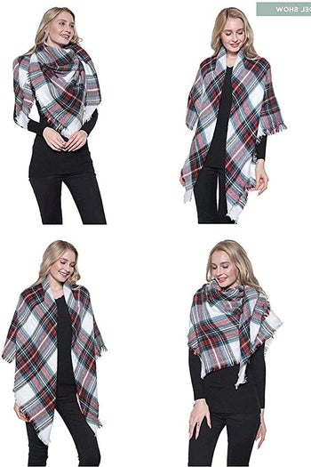 model showing four ways to wear the scarf/shawl in the white and red and green plaid version