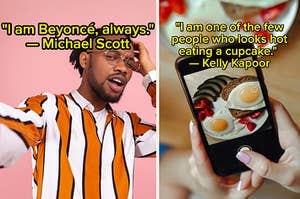 A man in a striped shirt takes a selfie and a person takes a picture of her breakfast