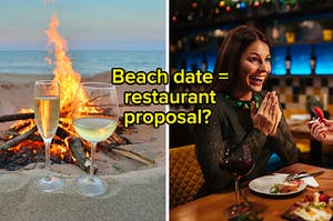 Two wine glasses sit in front of a beach bonfire and a woman sitting at a restaurant table smiles at a ring box