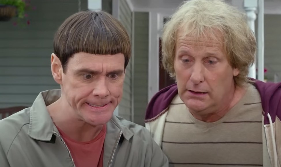 Jim Carrey and Jeff Daniels as Lloyd and Harry looking down at something