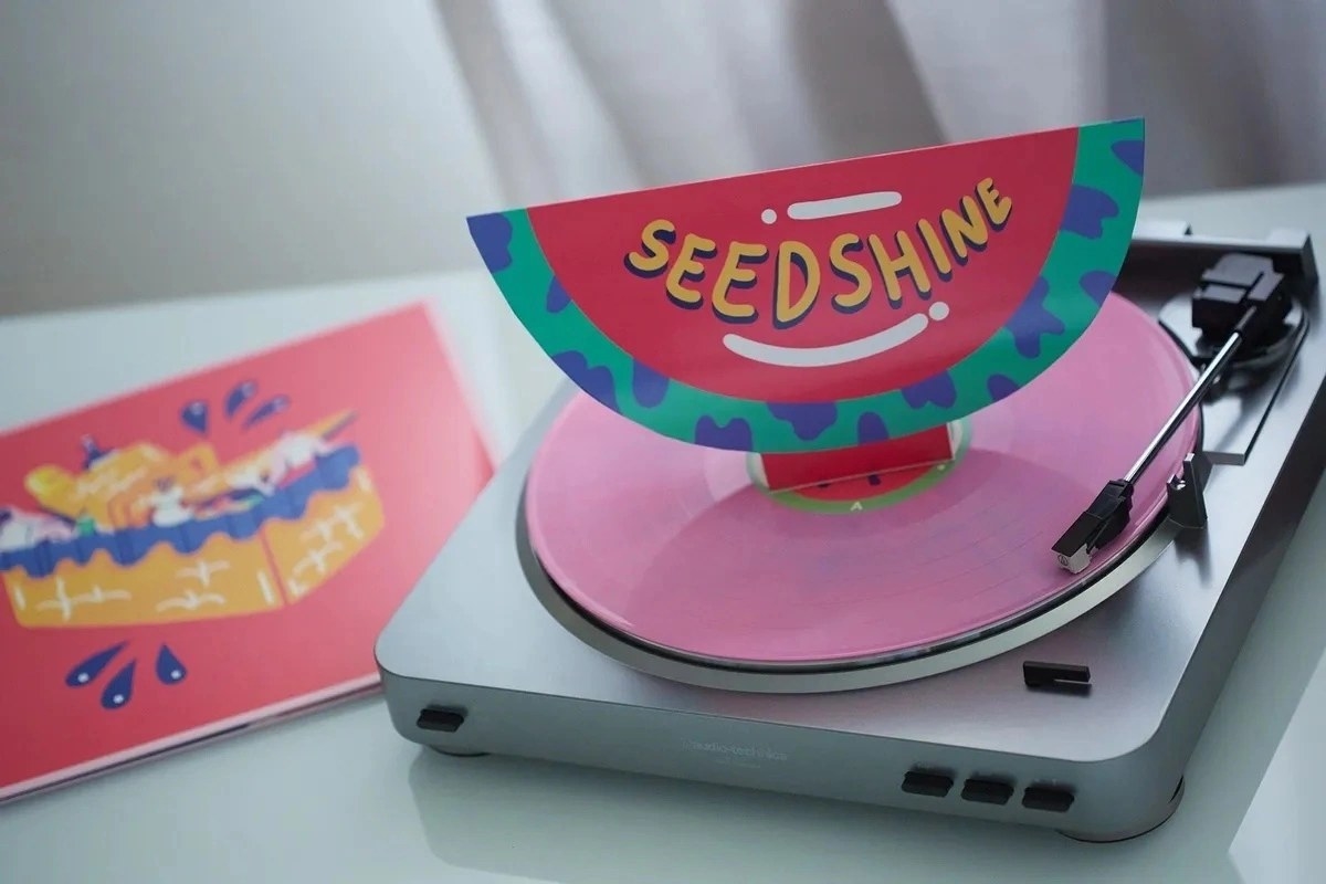 Pink vinyl on turntable