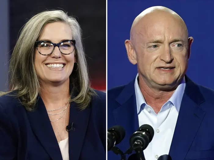 Left: Katie Hobbs in a blazer and glasses; right: Mark Kelly in a button down and blazer