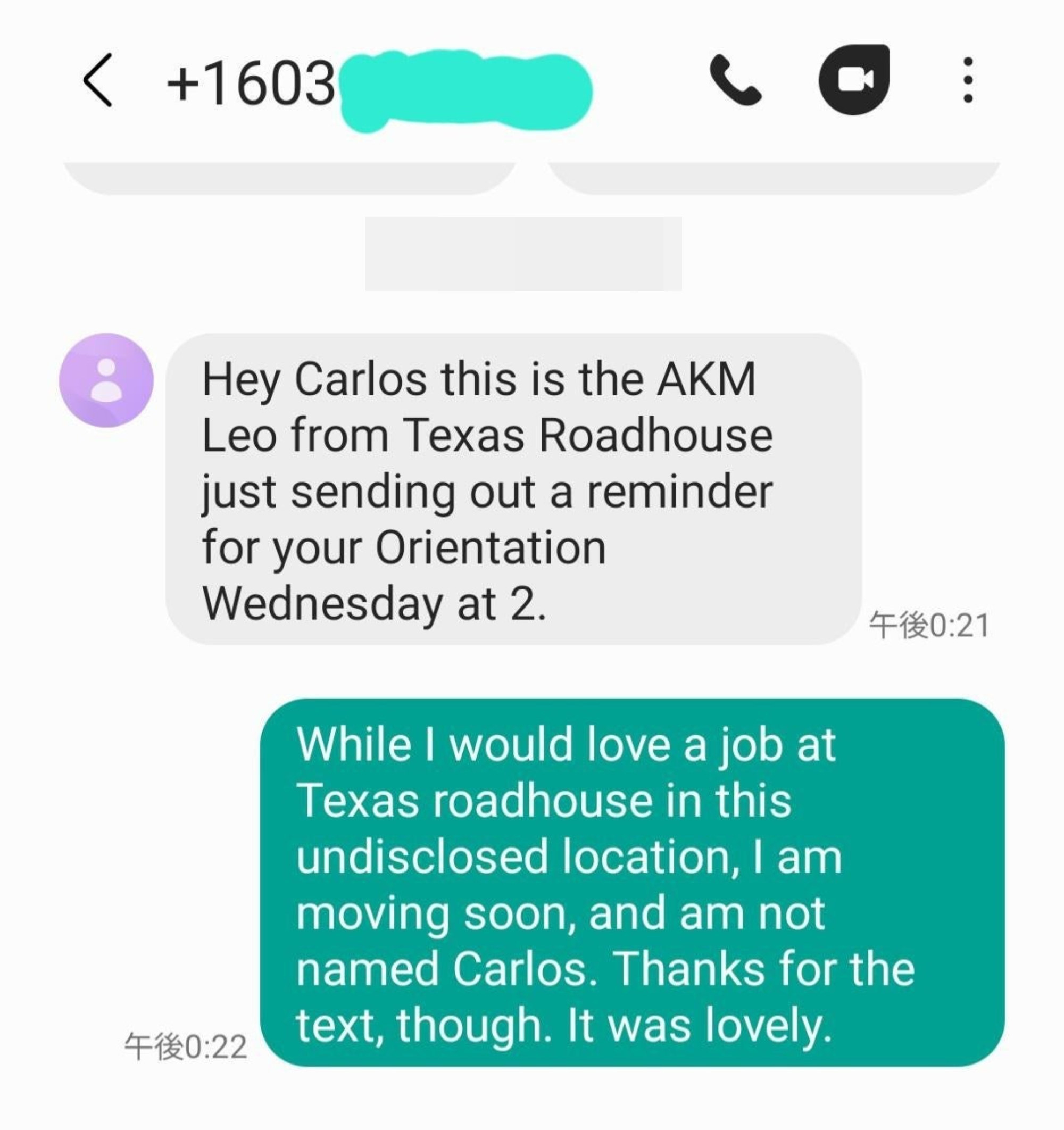 wrong number text of a job offer at texas roadhouse