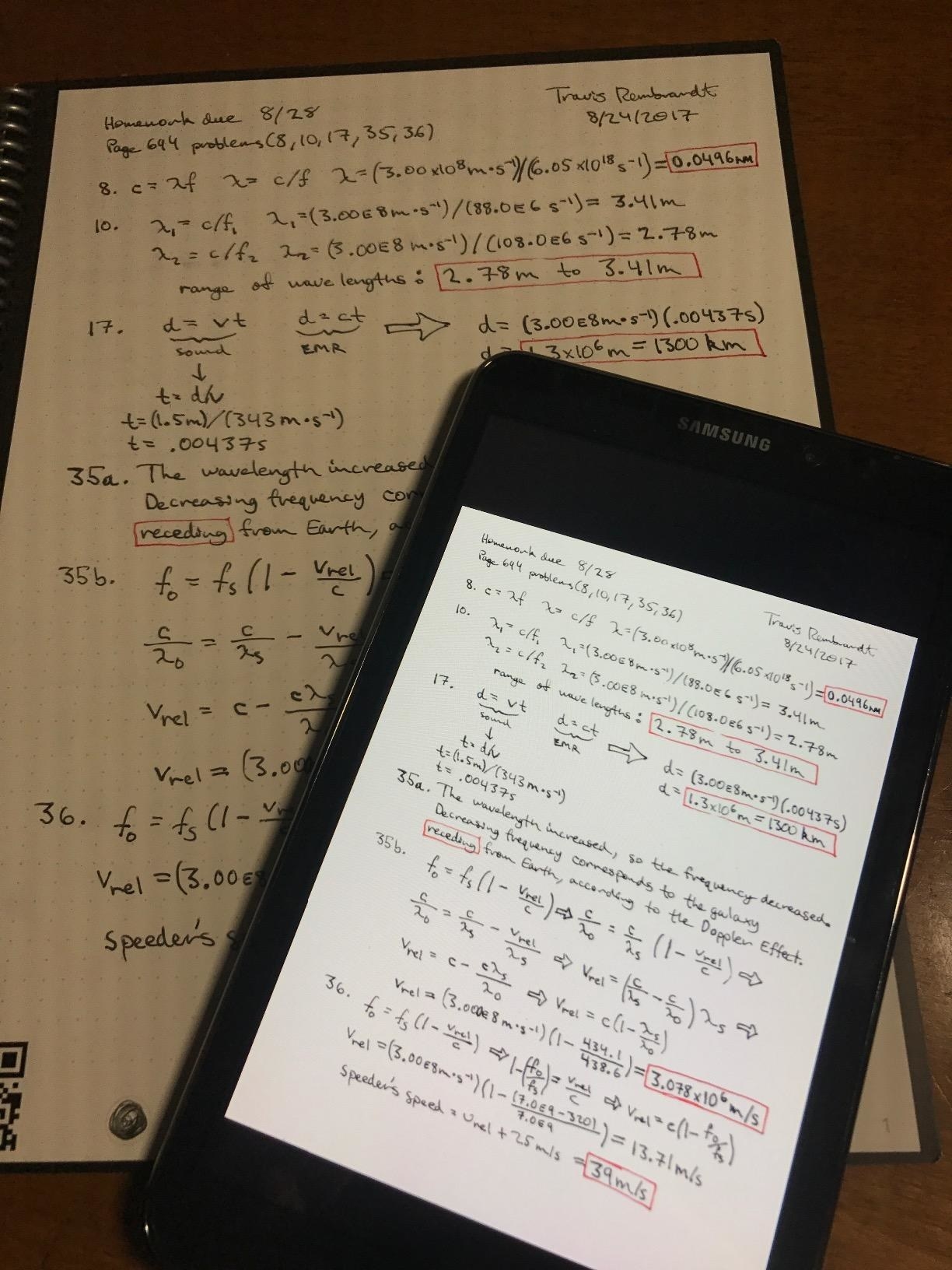 Reviewer&#x27;s photo of the Rocketbook and a tablet displaying notes transferred from the Rocketbook