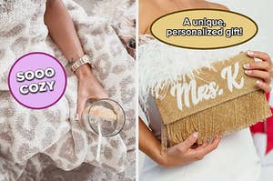 left image: barefoot dreams blanket, right image: customized beaded handbag