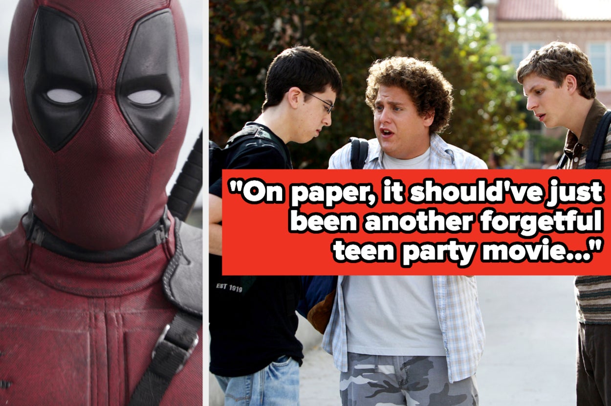 Deadpool side by side with Superbad with text reading "I feel like on paper, it should have just been another forgetful teen party movie but the cast and creators really all came together nicely"