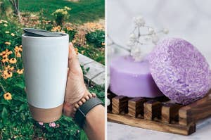 A ceramic reusable travel coffee mug on the left and a pair of shampoo and conditioner bars on the right