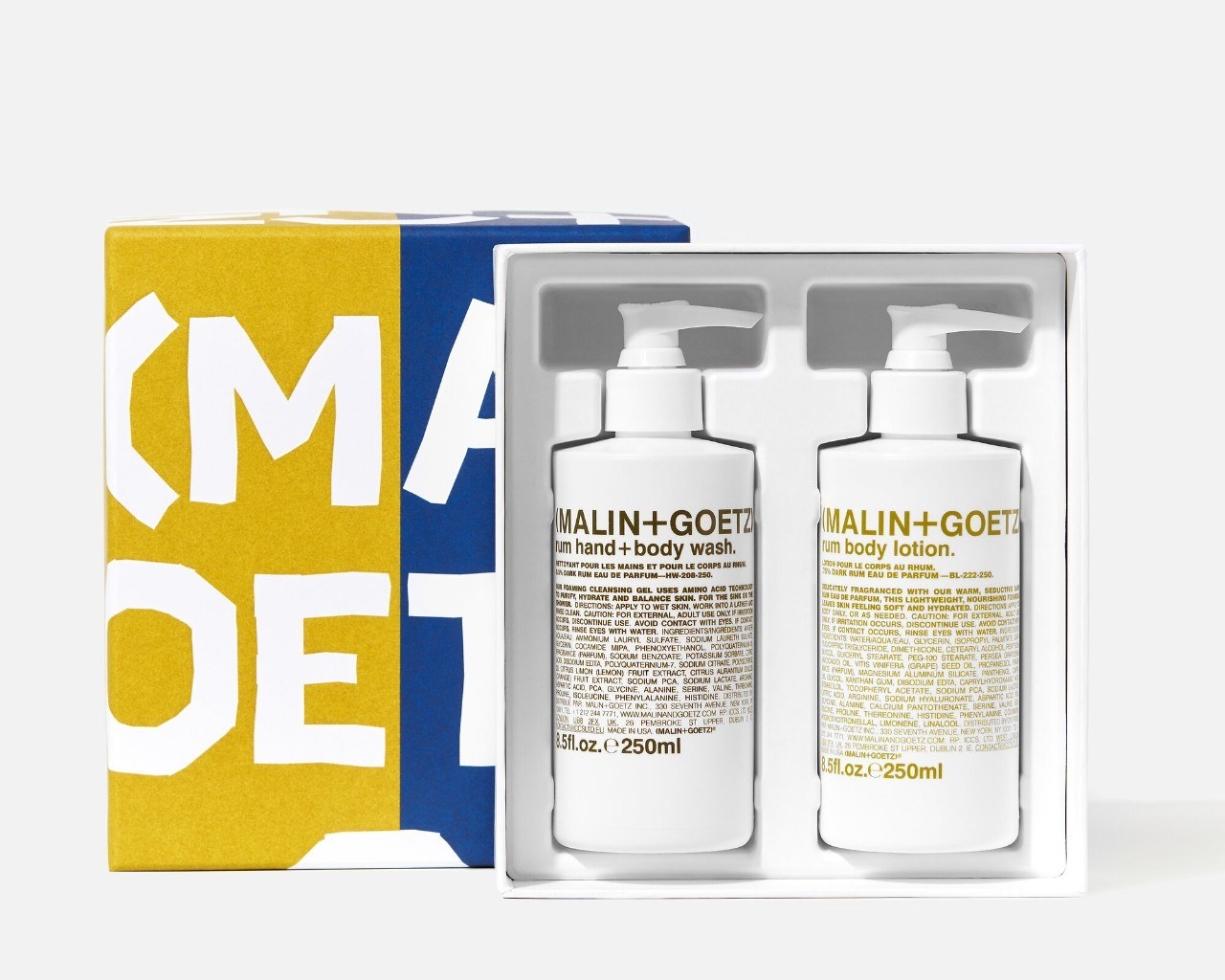 a set of malin and goetz body wash and matching lotion in the gift box