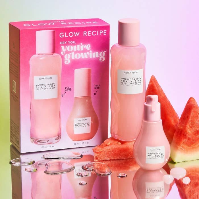 the two piece toner and serum gift set next to fresh watermelon slices