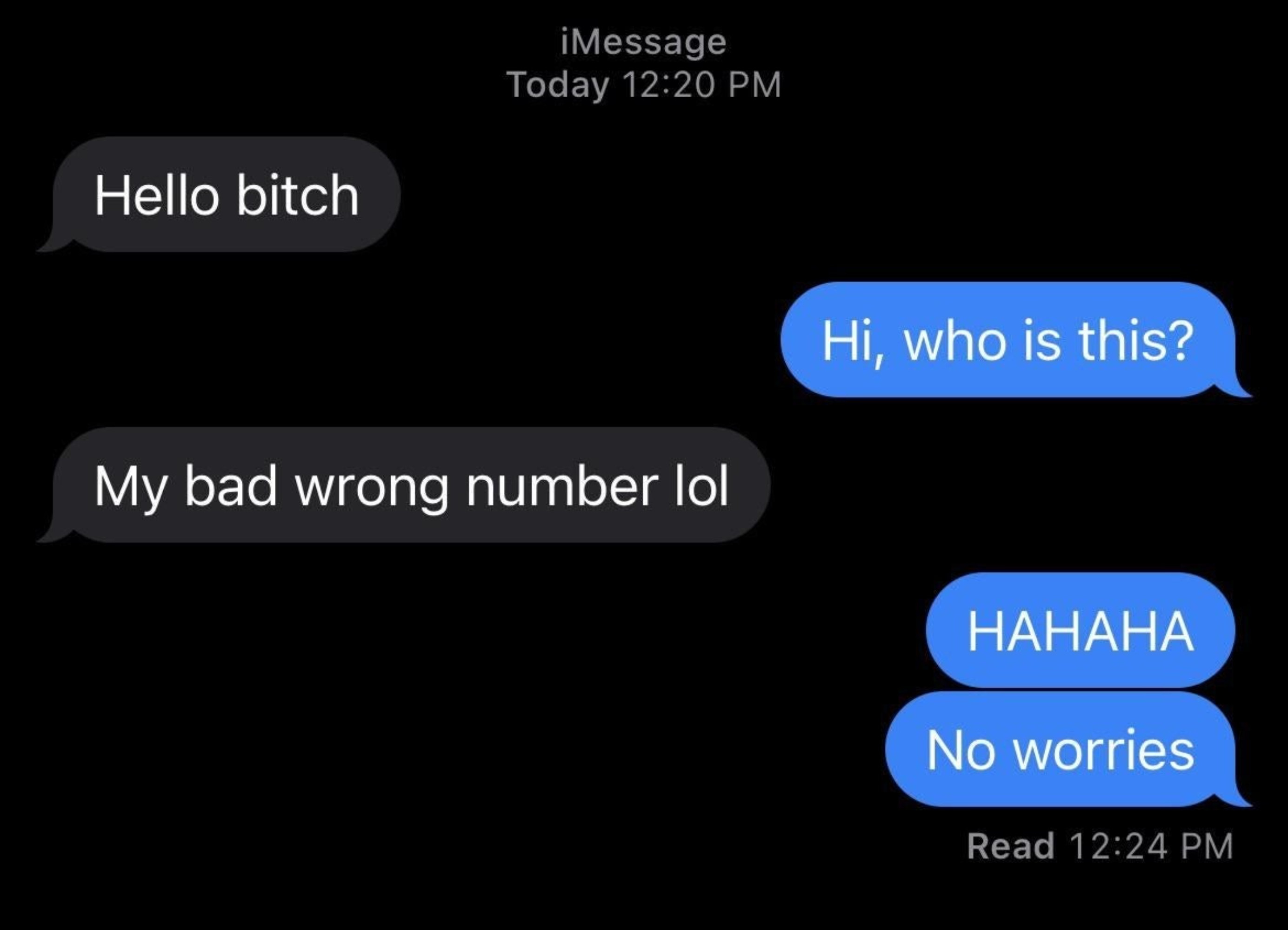 wrong number text of someone just saying hello b word