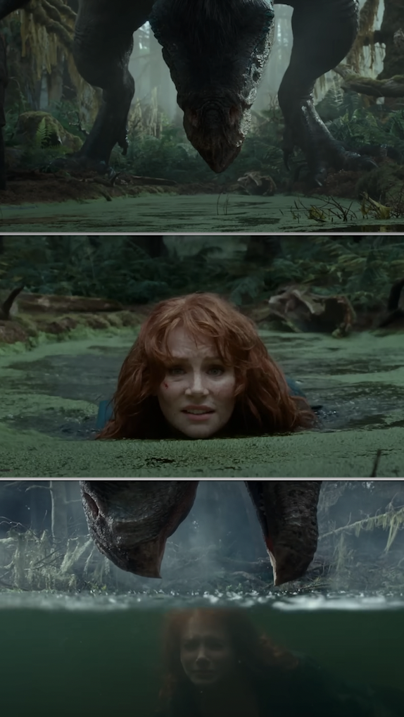 Bryce Dallas Howard escaping a dinosaur in &quot;Jurassic World Dominion&quot; by hiding underwater