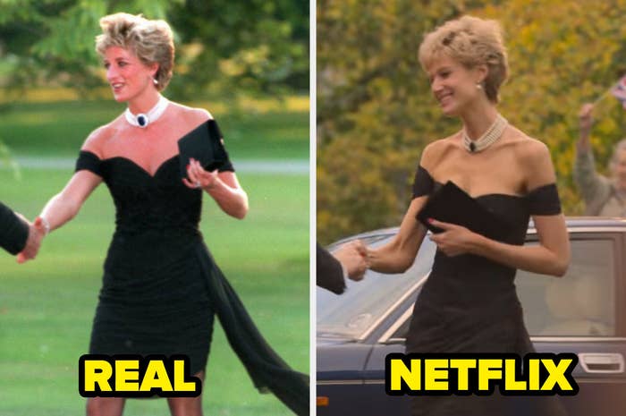 The real Princess Diana on the left wearing the off-the-shoulder revenge dress and Princess Diana on the left