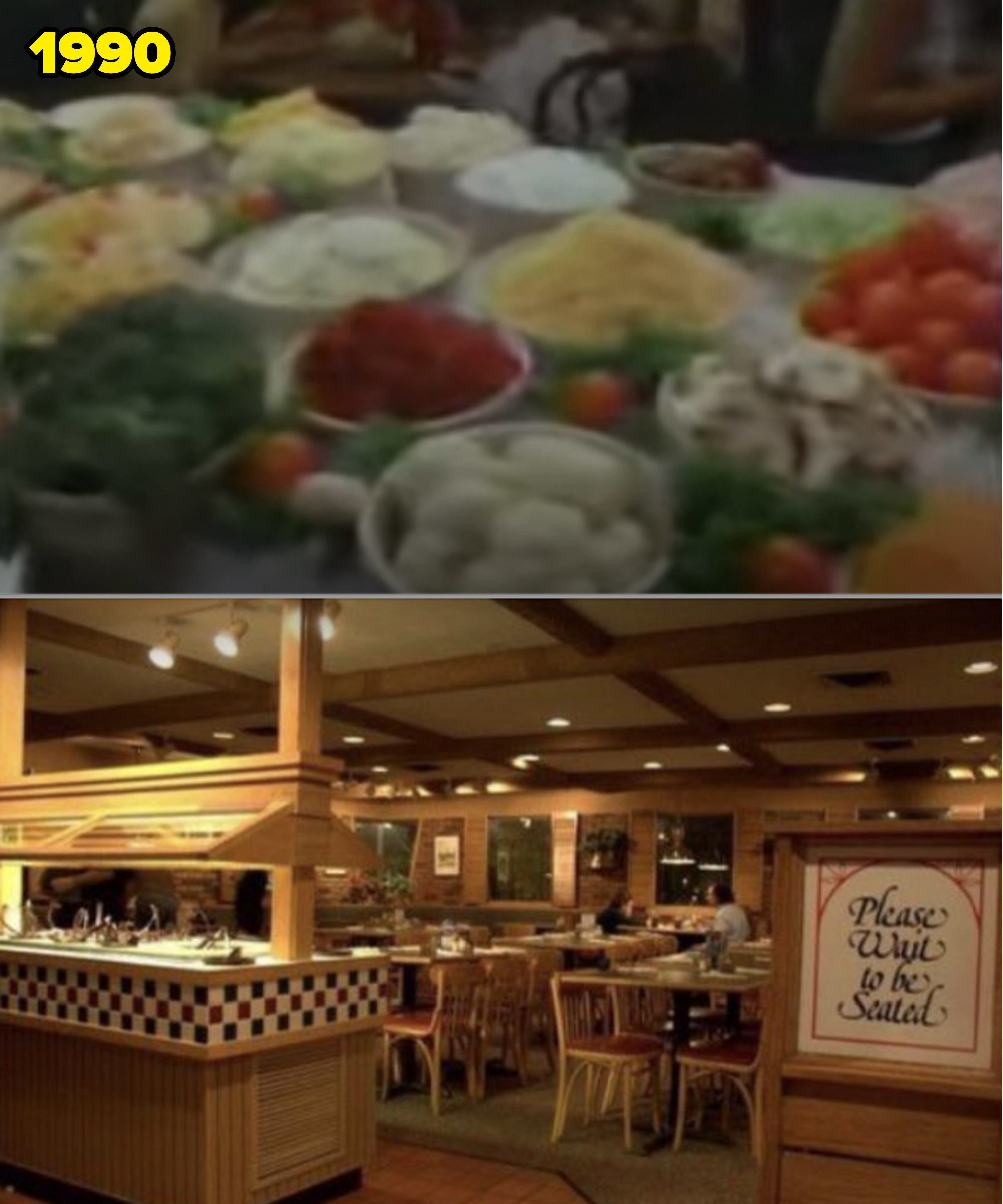 Screenshots from a 1990 Pizza Hut commercial, including their salad bar and dining area