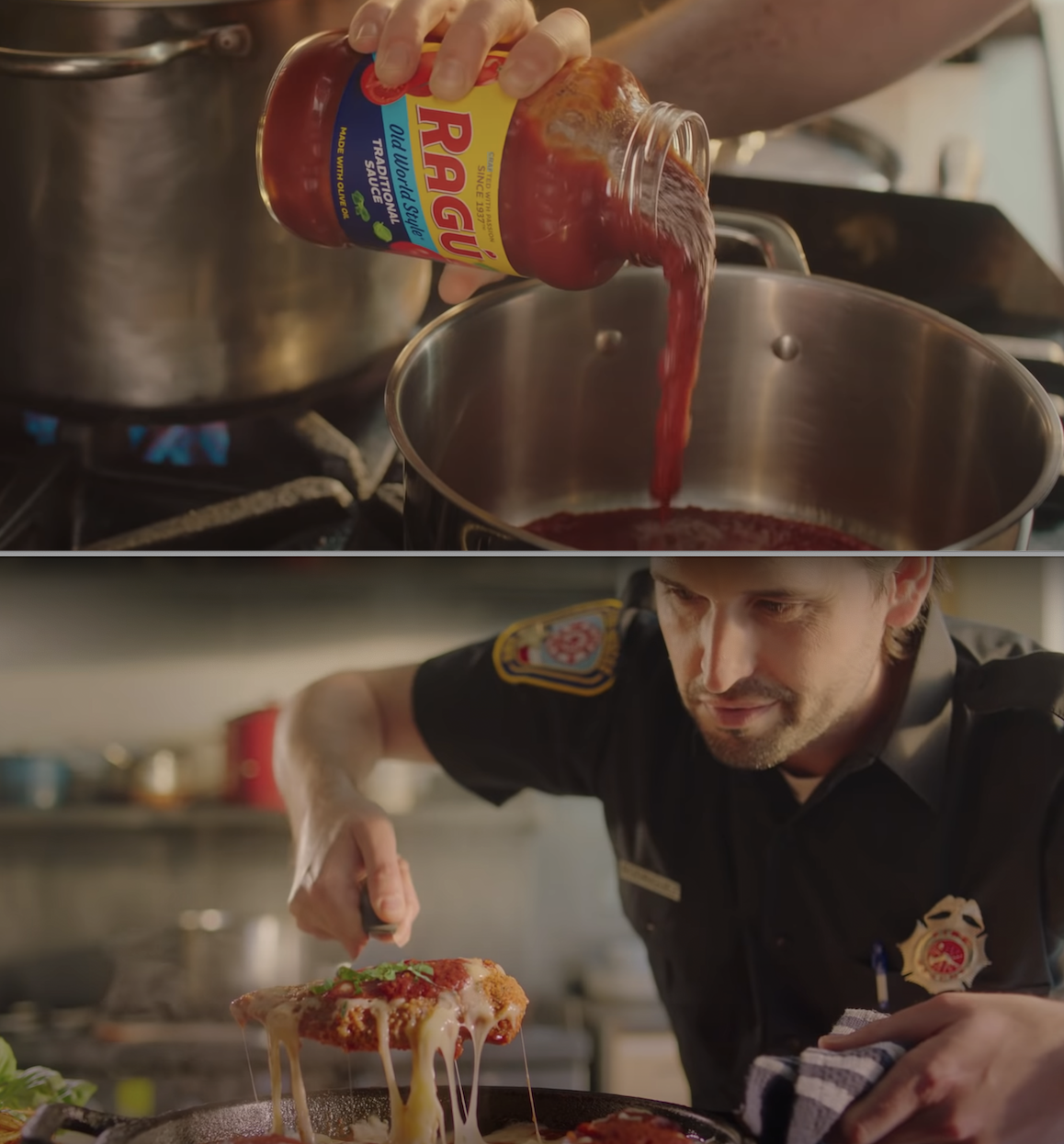 A commercial of someone pouring Ragú sauce into a pot and then lifting chicken Parm with a spatula