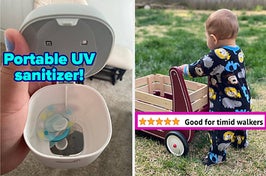 L: a reviewer holding an open sanitizer with a pacifier inside and text reading "Portable UV sanitizer", R: a reviewer photo of a baby pushing a walker wagon and a five-star review titled "Good for timid walkers"