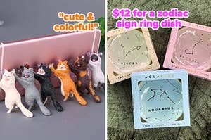cat phone holder on the left and zodiac sign ring dish