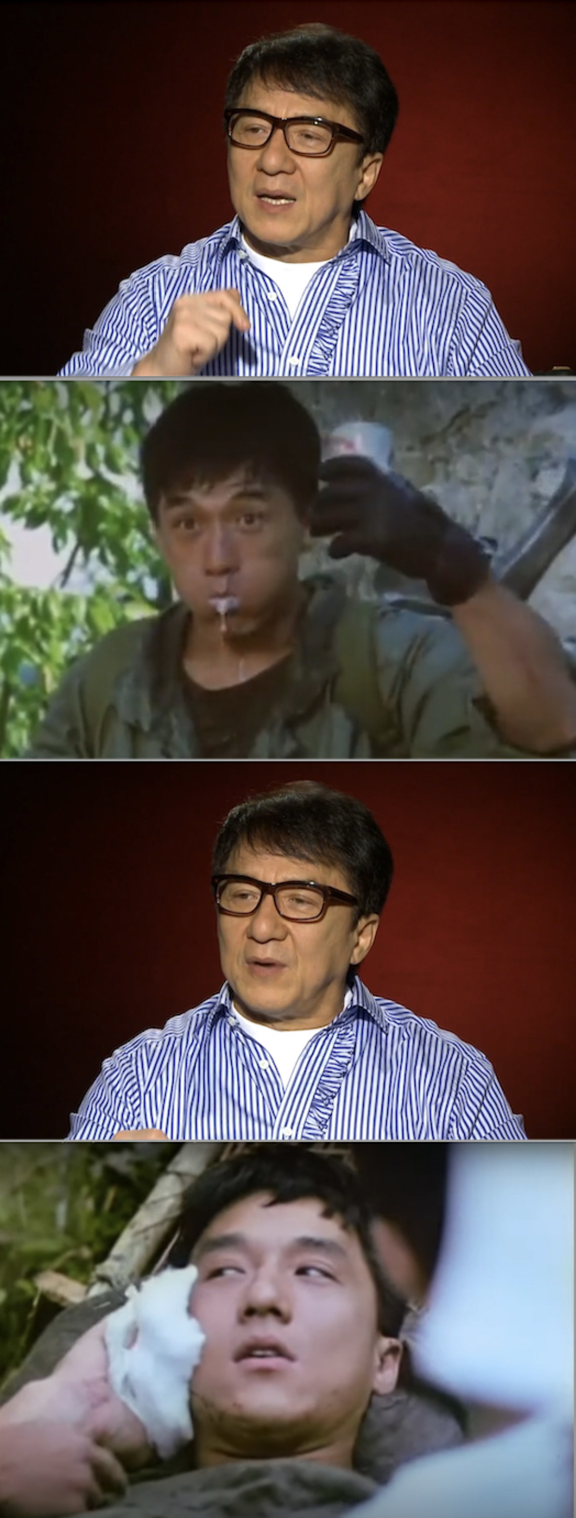 Jackie Chan being interviewed, as well as blooper stills from the movie &quot;Armour of God&quot; with Jackie drinking beer and lying on the ground