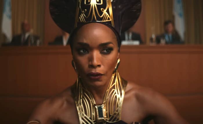 A closeup of Angela addressing a room  in Wakanda Forever