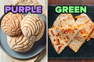 On the left, some conchas labeled purple, and on the right, a quesadilla labeled green