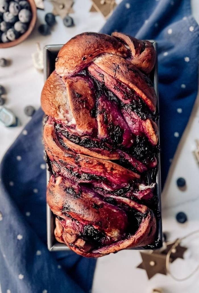 Blueberry babka rests on festive table