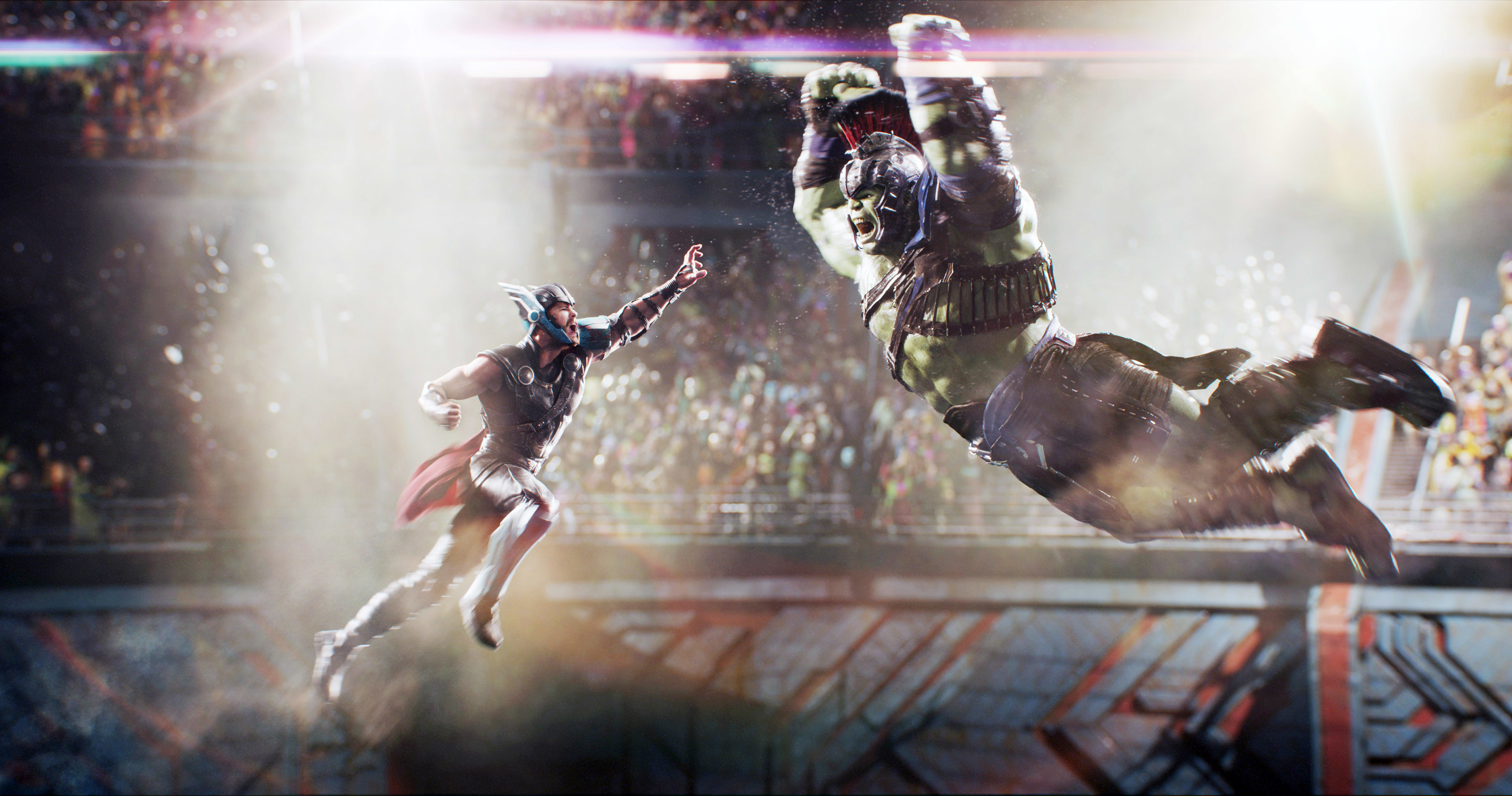 Thor jumps to hit the Hulk