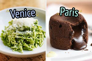 On the left, some pesto pasta labeled Venice, and on the right, a chocolate lava cake labeled Paris