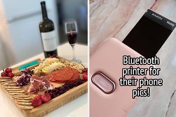 reviewer's stocked cheeseboard and mini bluetooth printer for printing phone pics