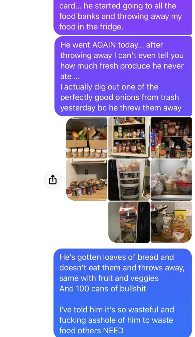 text messages showing a pantry full of bread and other items